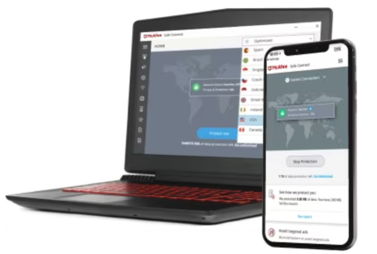 McAfee Safe Connect product screens